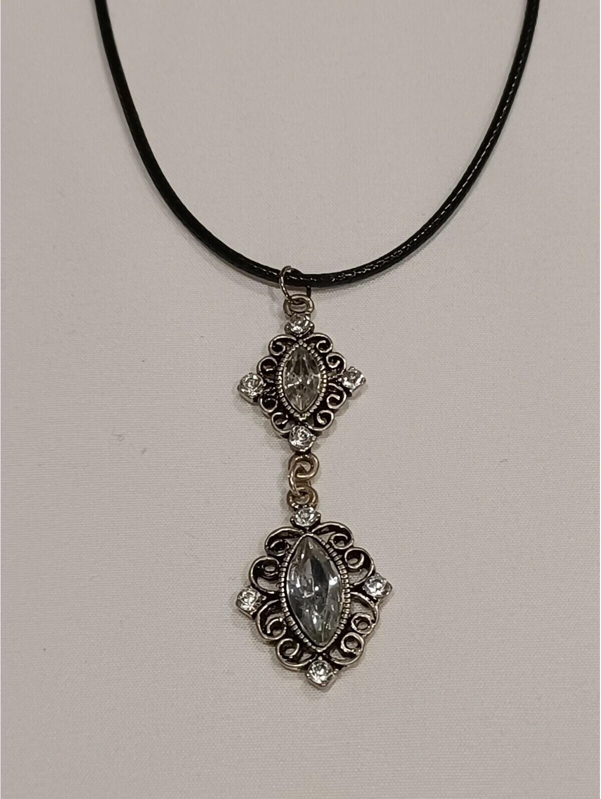 Diamond-Shaped Rhinestone Dangling Pendant On Black Cord Necklace